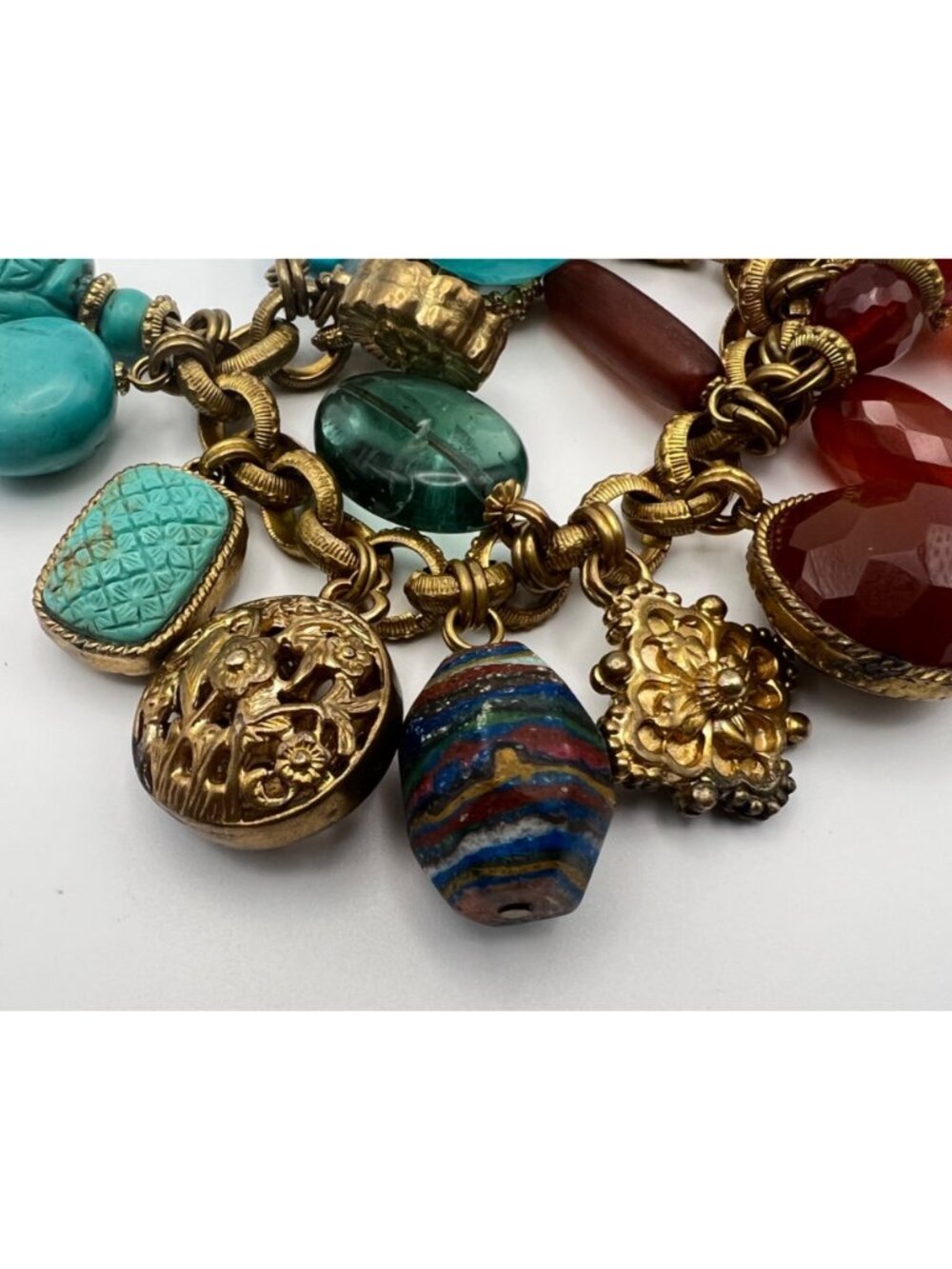 Stephen Dweck Charm Bracelet Vintage Bronze Turquoise Carnelian Gemstone - Picture 5 of 16